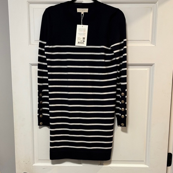 NWT Sezane Paola Navy and White Striped Dress with Button Accents - Picture 3 of 5